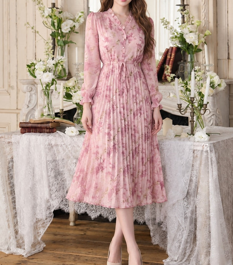 花柄プリント プリーツ シフォン 長袖 ロングワンピース
