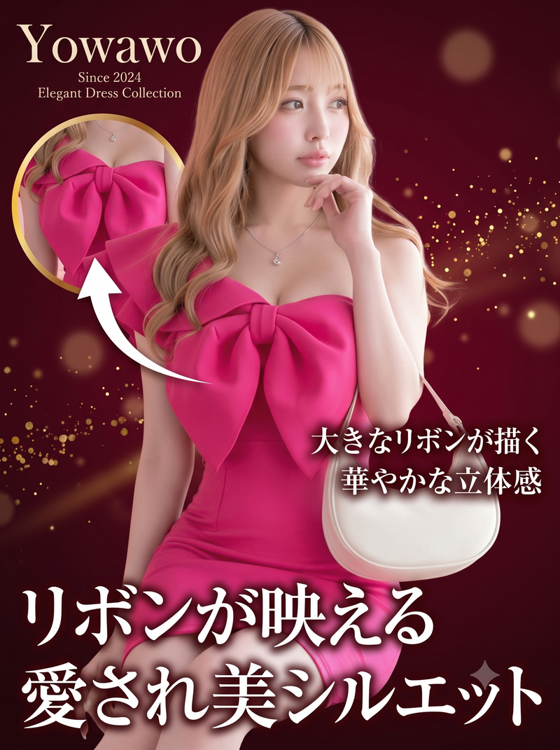 立体リボン スリムフィット ワンショルダーワンピース