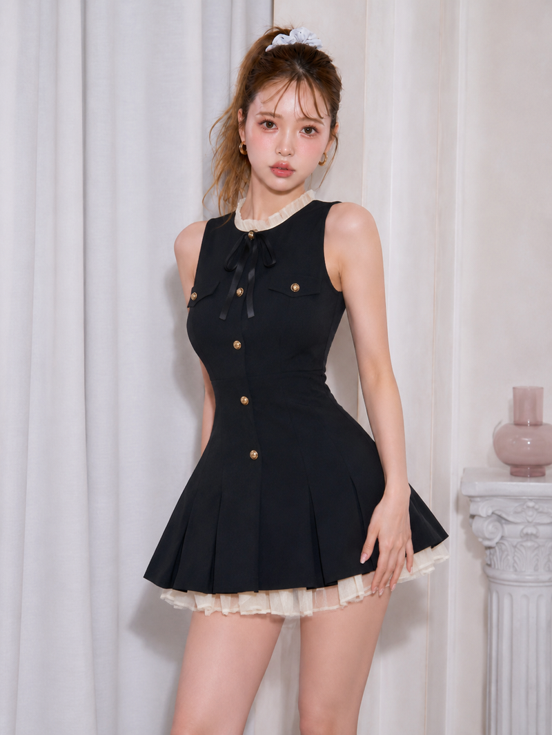 リボン結び プリーツ切替 ノースリーブワンピース