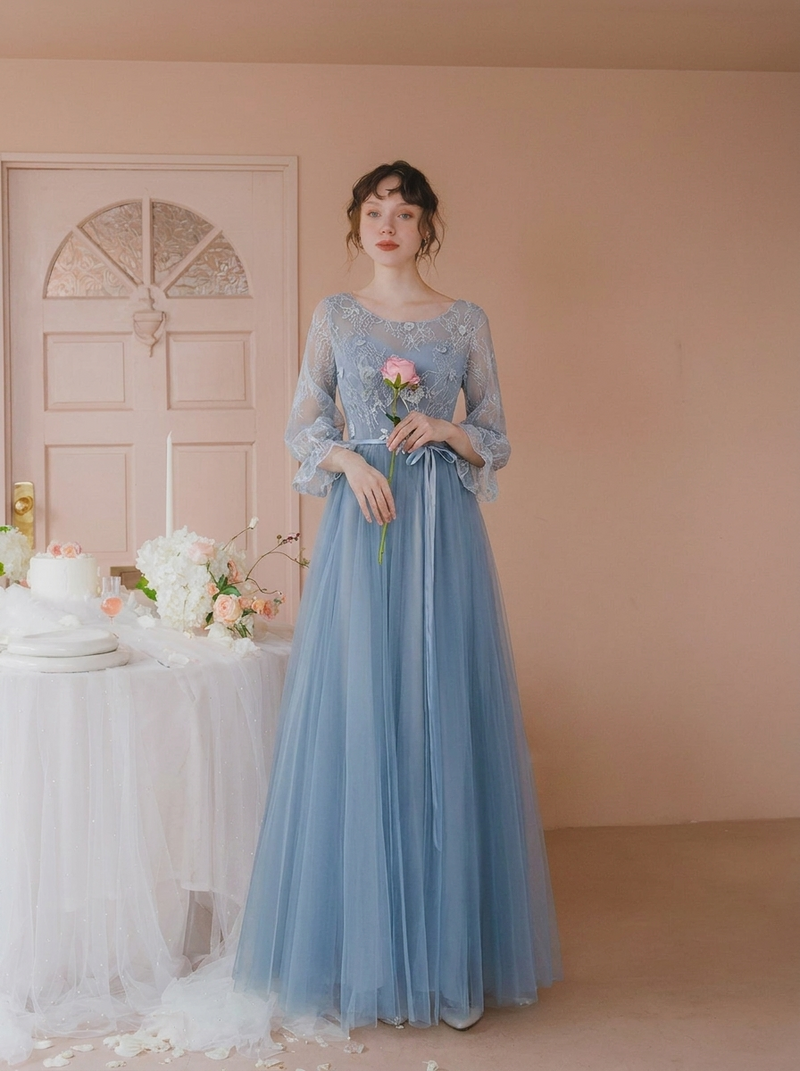 灰青カラー チュール切替デザイン 二次会 ブライズメイドドレス ワンピース-ブルーA/ロング-3XL