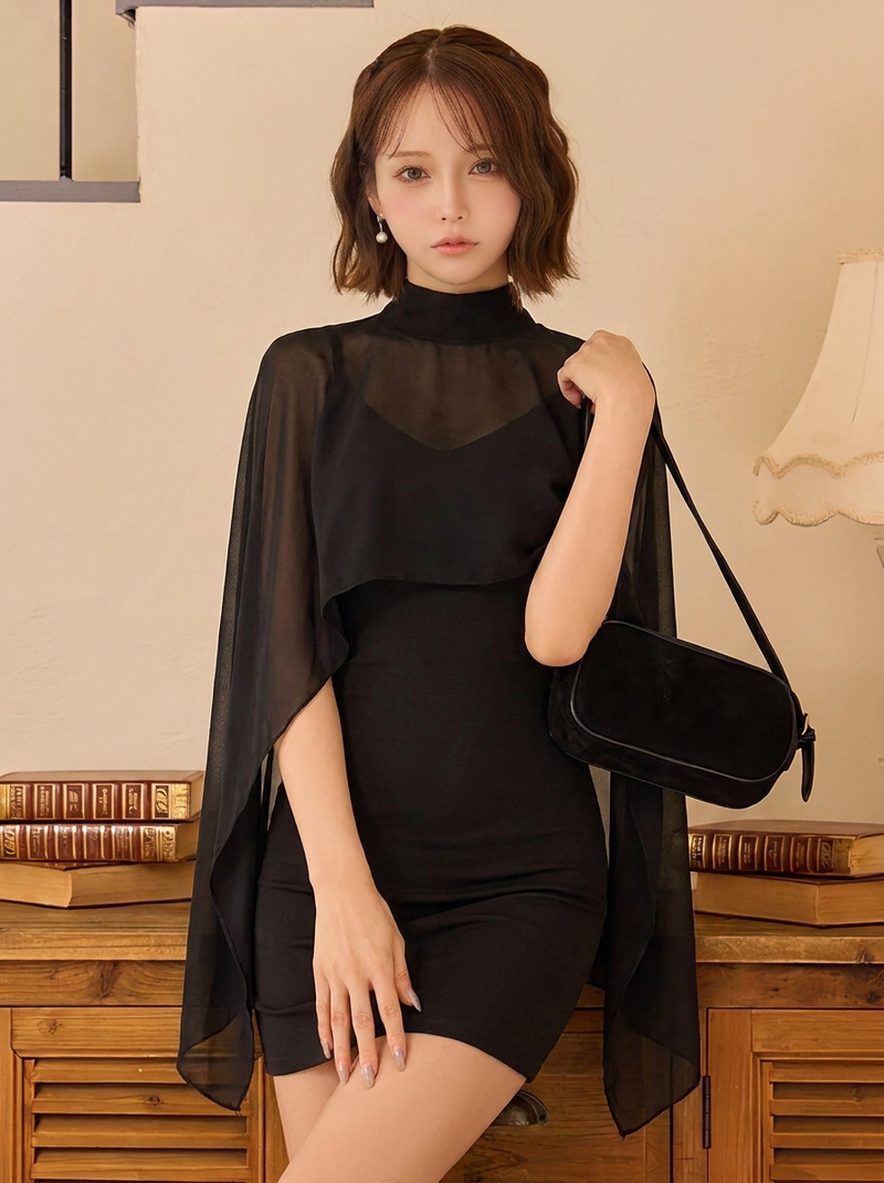 スタンドネック ドロップショルダー 上下2点セットタイトドレス-ブラック/【2点セット】-2XL