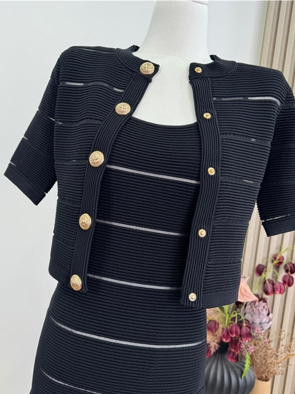 ボーダー柄 ハーフスリーブワンピース+アウター 2点セット