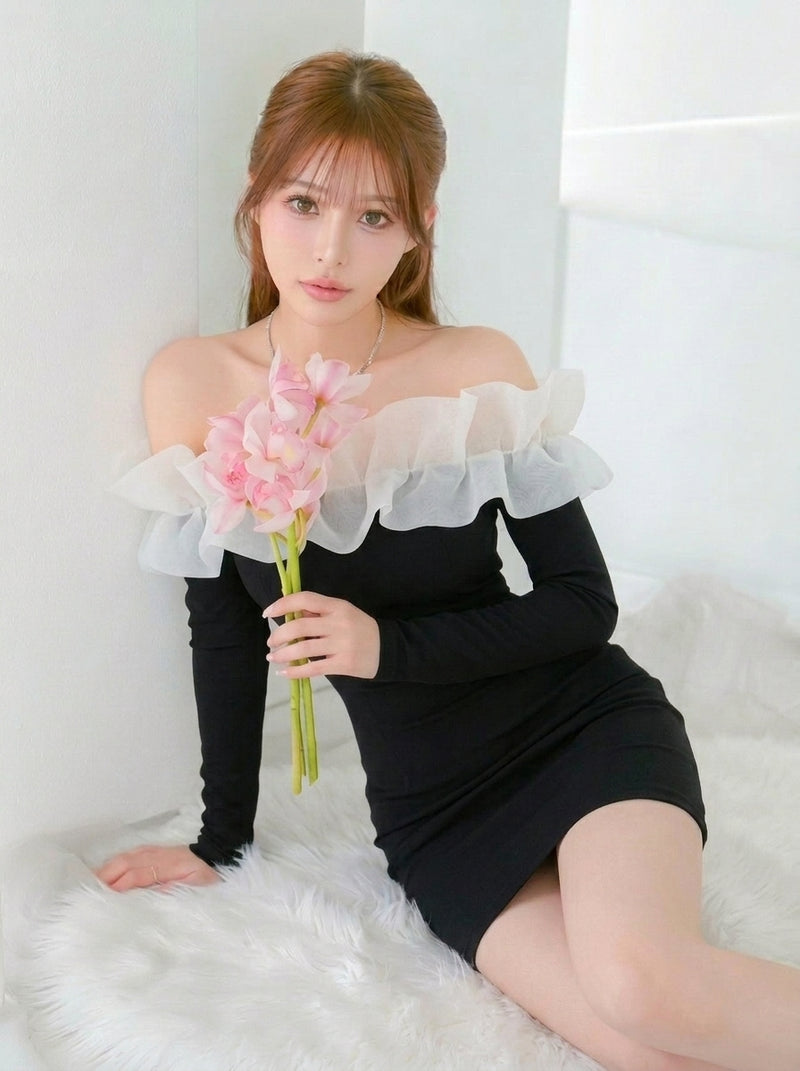 オフショルダー 配色 長袖デートワンピース-写真通り-XL
