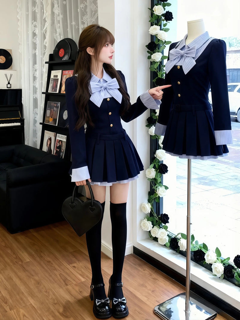 【大値下げでお待たせ💓大人気アイテムが特価に!】今季大注目 ストライプ柄 長袖 ノーマルスリーブ 配色スウィート ワンピース-ネイビー (ベルト+リボン付き)-XL