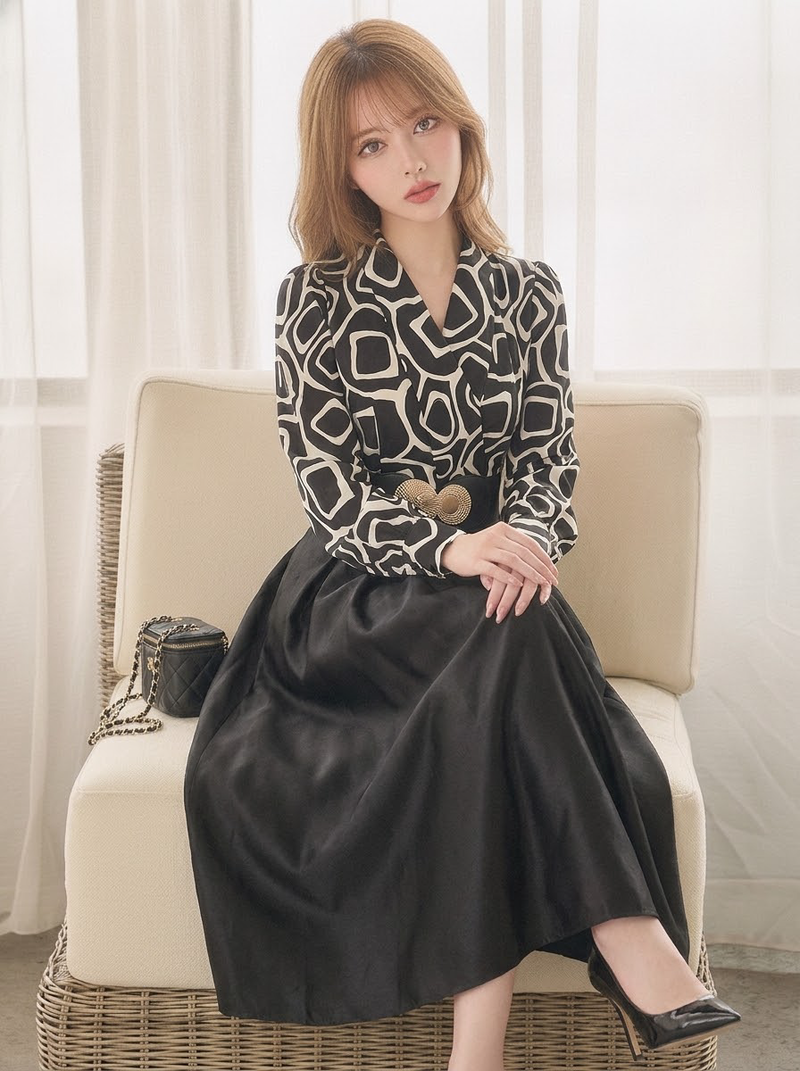 配色 プリント フェミニン レトロ ワンピース-ブラック-2XL