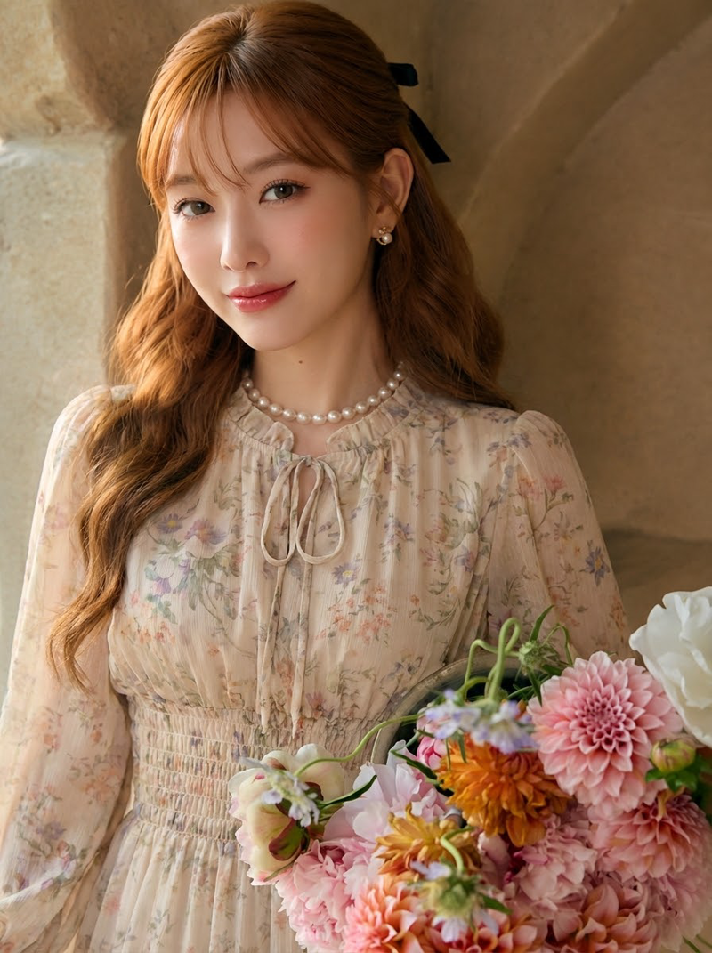 花柄プリント フリルランタンスリーブ シフォンワンピース