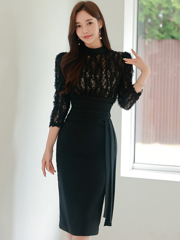 好感度UP 切り替え レース スリム 七分袖 セクシー ワンピース-ブラック-XL
