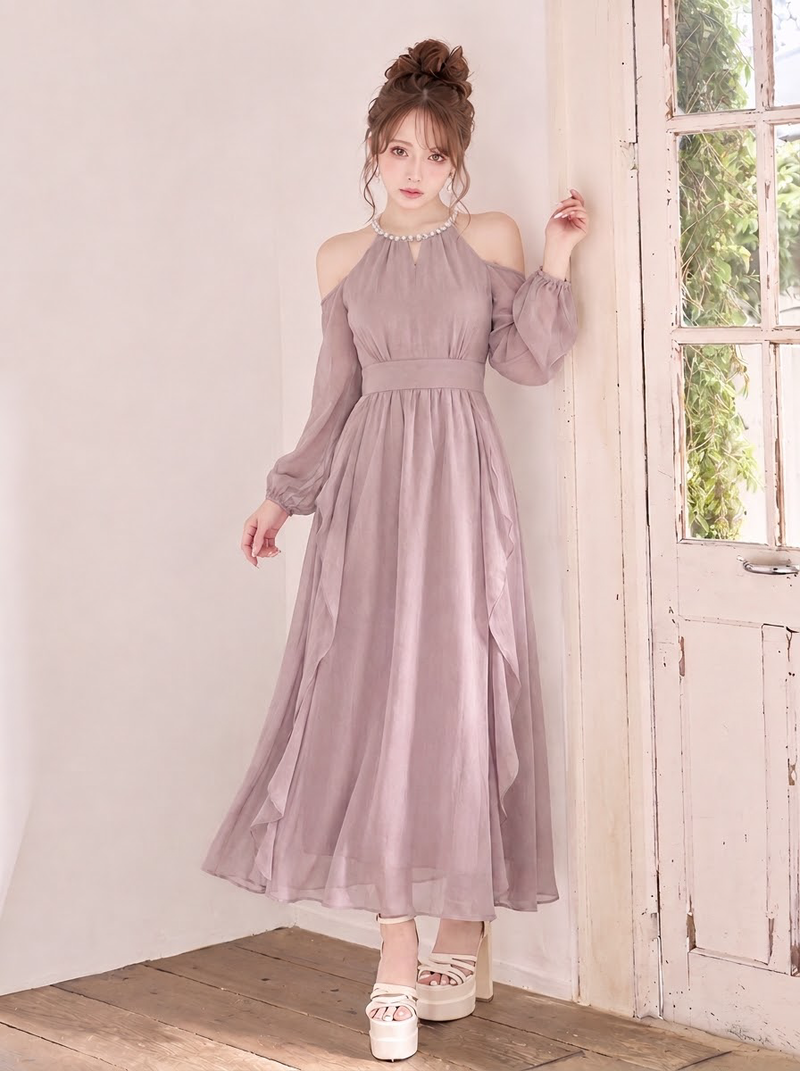 今季人気 フリル オフショルダー パフスリーブ シフォンドレス-パープル-2XL