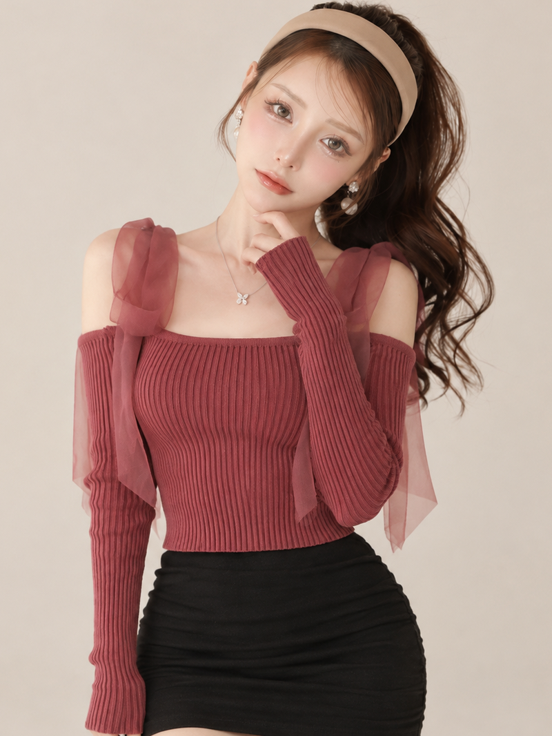 ボウタイ 長袖 チュール ニット セーター トップス-レンガレッド-2XL