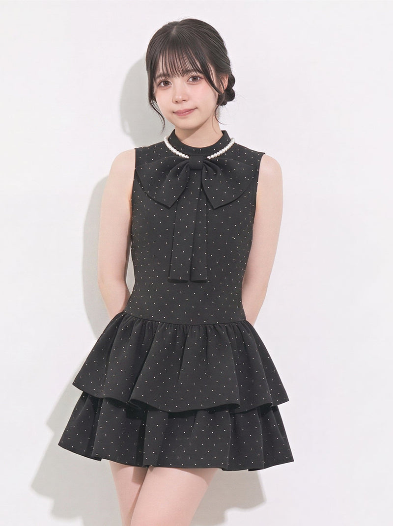 リボンウエストマーク ティアードスカート ノースリーブワンピース