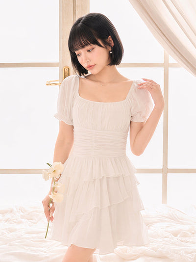 スクエアネック ウエストシェイプ ティアードフリルワンピース-ホワイト-3XL