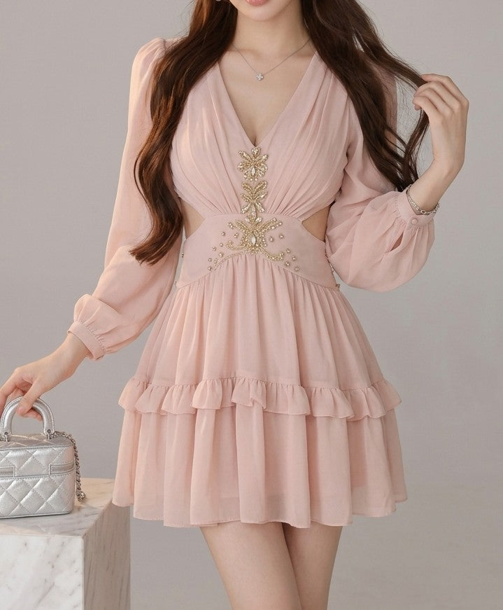 Vネック ビジュー付き 長袖 ハイウエスト ミニワンピース