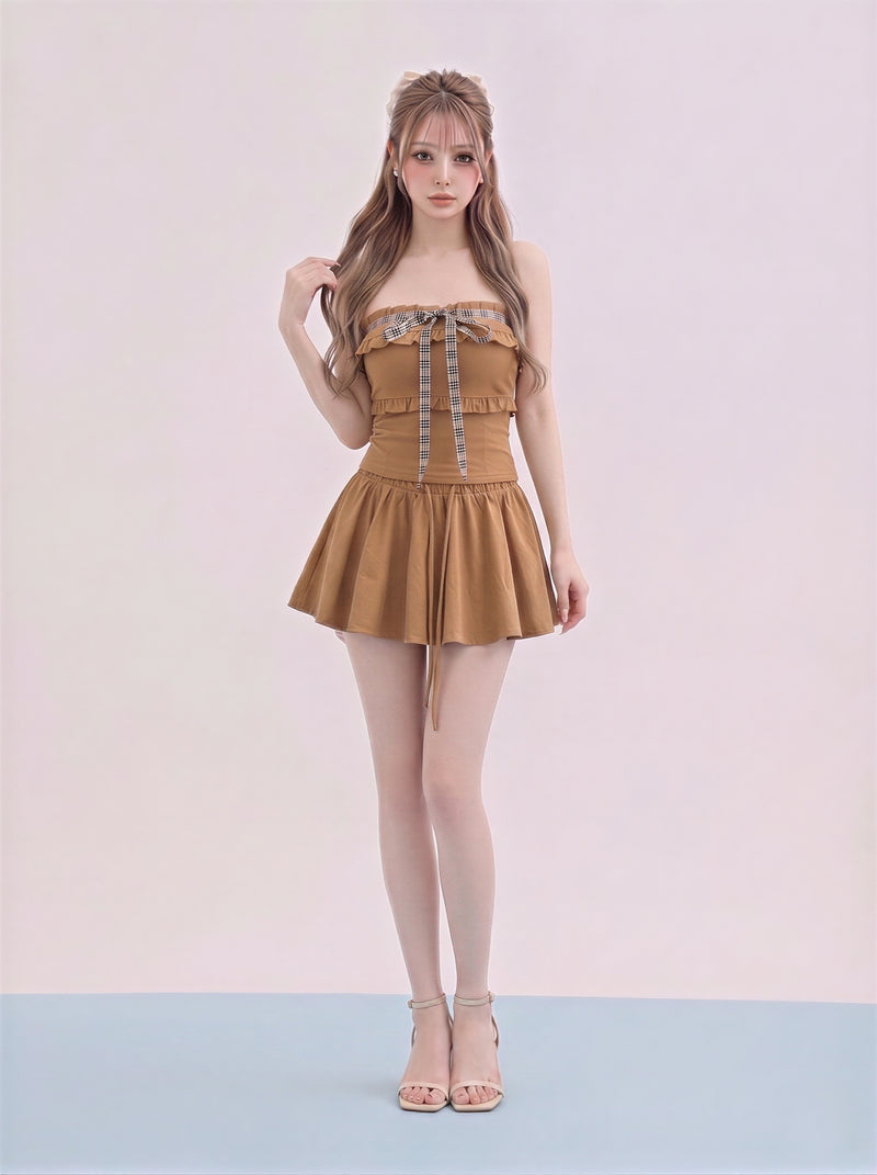 オフショルダー フリル リボン付き ショートパンツ 2点セット-ダークベージュ-M