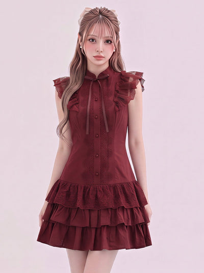 メロウフリルリボン ティアードフリルヘム ノースリーブワンピース-ワイン ワンピース-XL