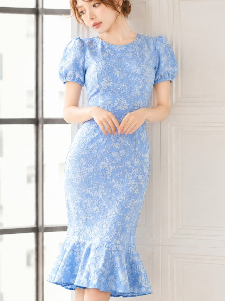 タイト パフスリーブ 花柄プリント ワンピース