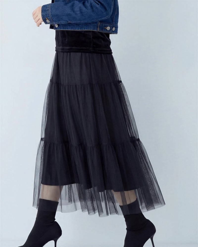 多層拼接蓬鬆A字網紗半身裙-黑色-XL
