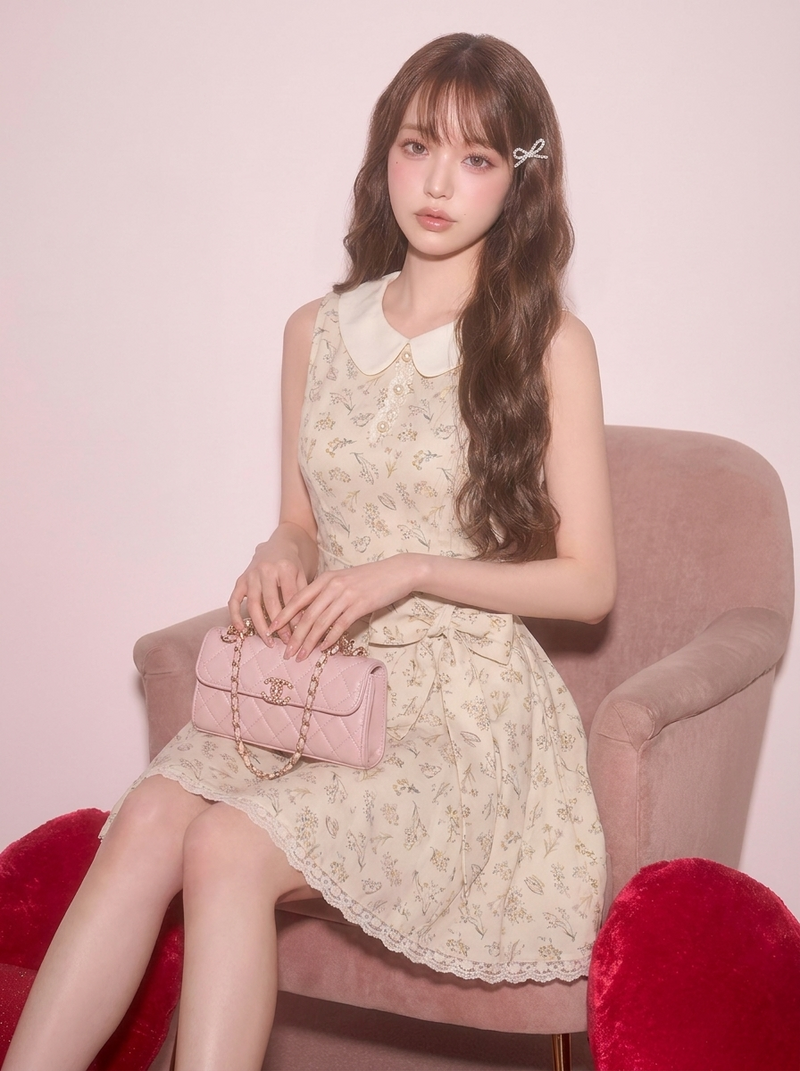 リボン結び ノースリーブ 花柄 Aライン 切り替え 清新 ワンピース-アプリコット-L