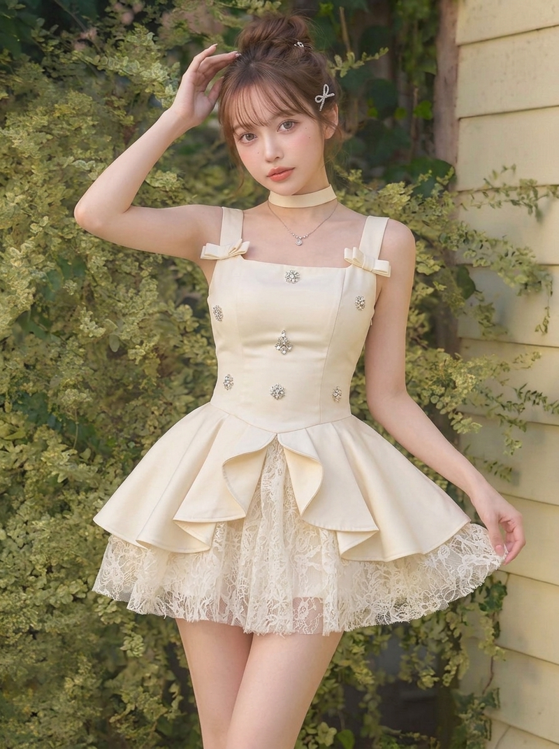 ダブルストラップリボンラインストーンレイヤーレースフレアミニワンピース-アプリコット-L