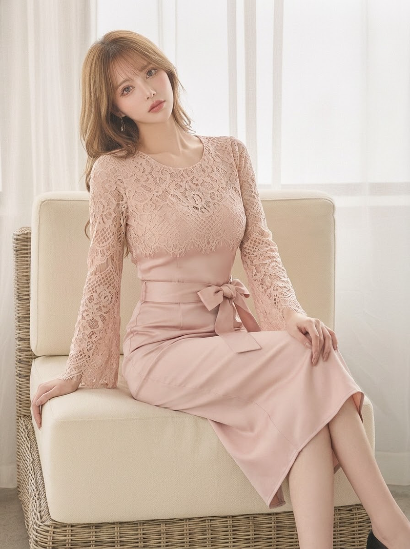 サテン生地 レース エレガント ワンピース-ピンク-XL