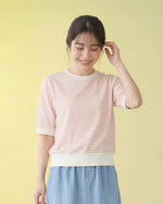 淺米色細條紋 羅紋收口 五分袖短版T恤