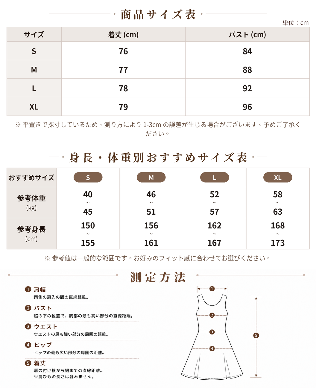 ふんわりAライン ノースリーブワンピース フレンチ風 size chart 1