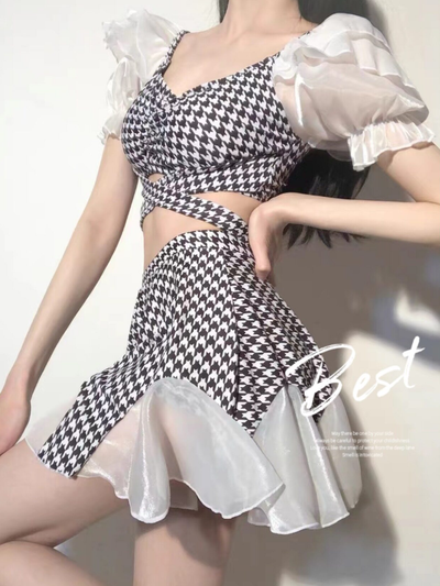 千鳥格子 フリルスリーブ ハイウエスト セパレートスカート風水着