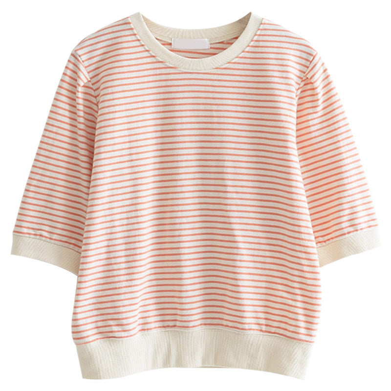 淺米色細條紋 羅紋收口 五分袖短版T恤