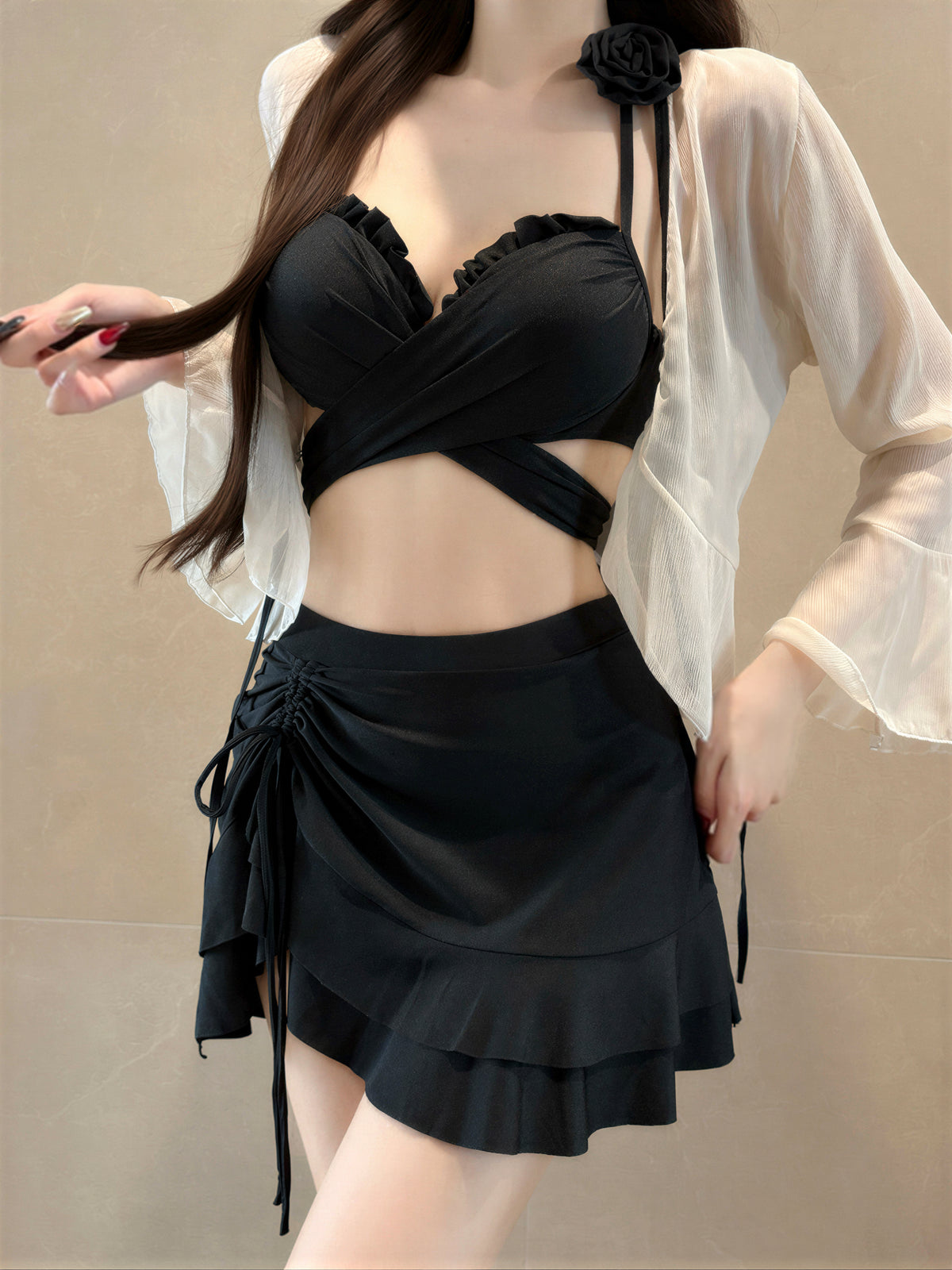 クロスギャザー フリルリボン セパレート3点セット水着（ビキニインナー・長袖羽織・スカート風ボトム付き）