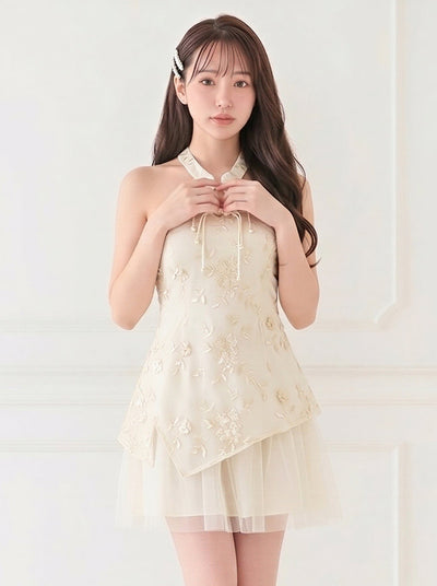立体刺繍チュール切り替えホルターネック ノースリーブ ミニワンピース