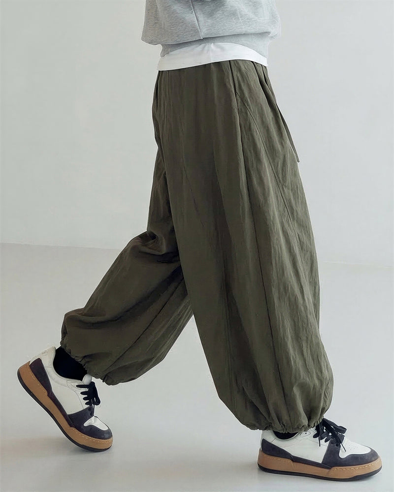 高腰抽繩燈籠寬腿運動褲-橄欖綠-F