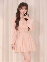 無地シフォン Vネック ビジュー付き ウエストマーク 長袖タイトワンピース-ピンク-2XL