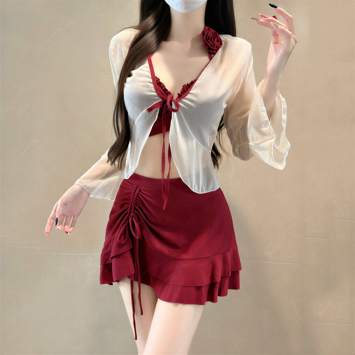クロスギャザー フリルリボン セパレート3点セット水着（ビキニインナー・長袖羽織・スカート風ボトム付き）