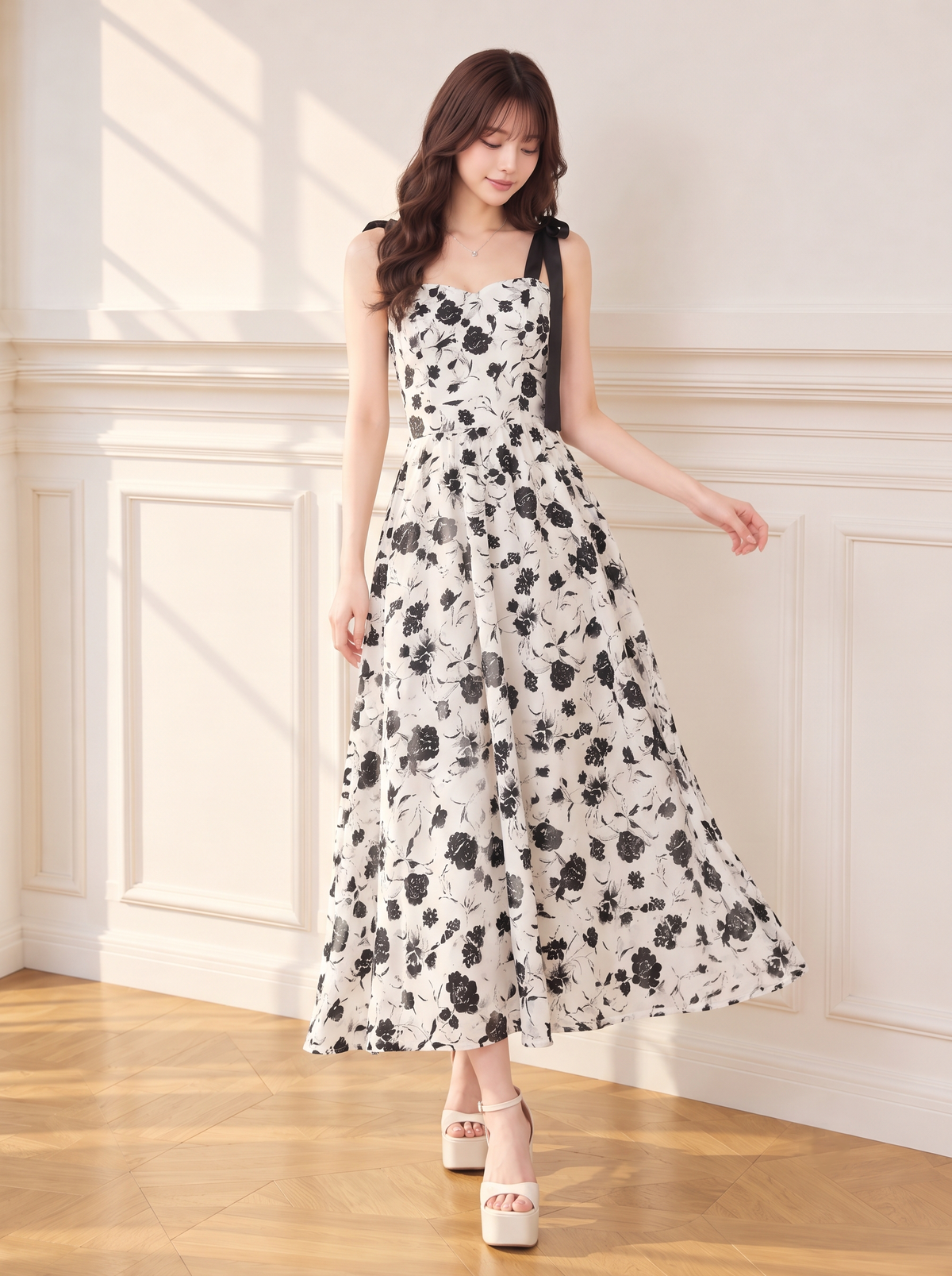 ノースリーブ 花柄プリント ロングワンピース