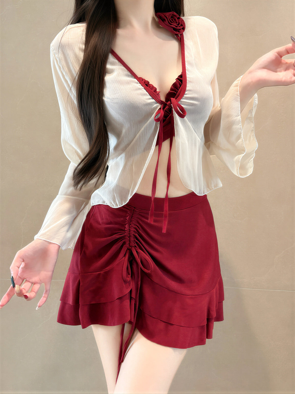 クロスギャザー フリルリボン セパレート3点セット水着（ビキニインナー・長袖羽織・スカート風ボトム付き）-レッド-XL