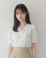 V領蕾絲滾邊刺繡泡泡袖短袖襯衫-白色-XL