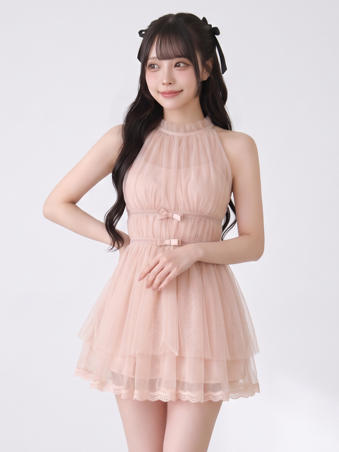 レース ノースリーブ リボン付き ギャザー ミニワンピース
