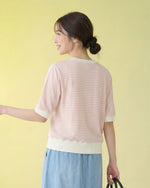 淺米色細條紋 羅紋收口 五分袖短版T恤