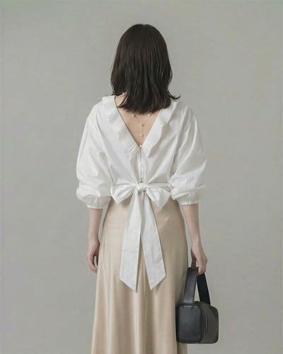 V領荷葉百褶滾邊綁帶泡泡袖襯衫