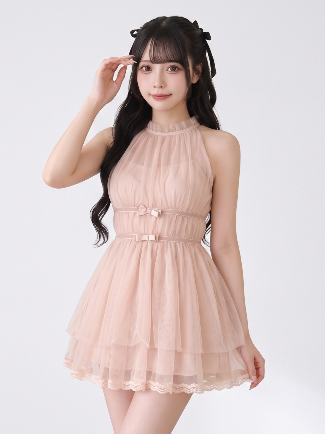 レース ノースリーブ リボン付き ギャザー ミニワンピース