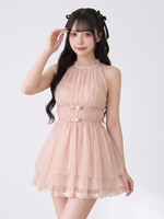 レース ノースリーブ リボン付き ギャザー ミニワンピース