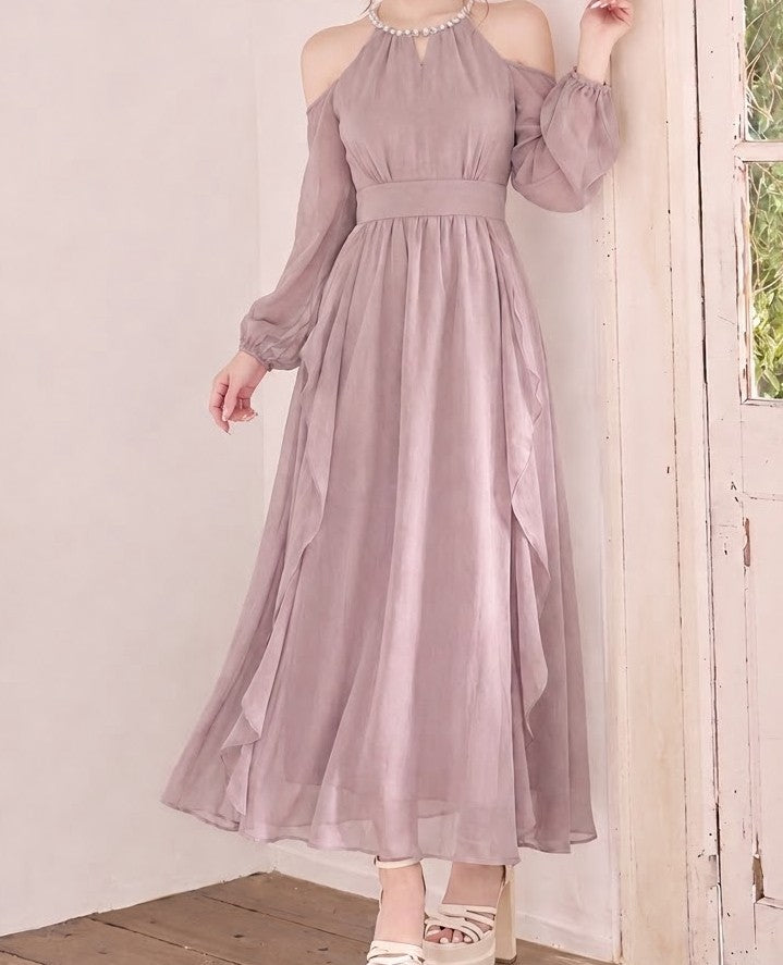 オフショルダー パフスリーブ シフォン ロングワンピース
