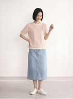 淺米色細條紋 羅紋收口 五分袖短版T恤