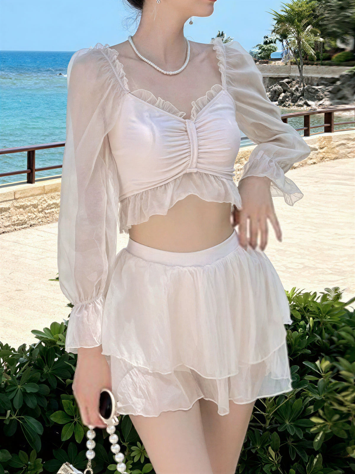 フリルギャザーシアー セパレートスカート水着-ホワイト-XL