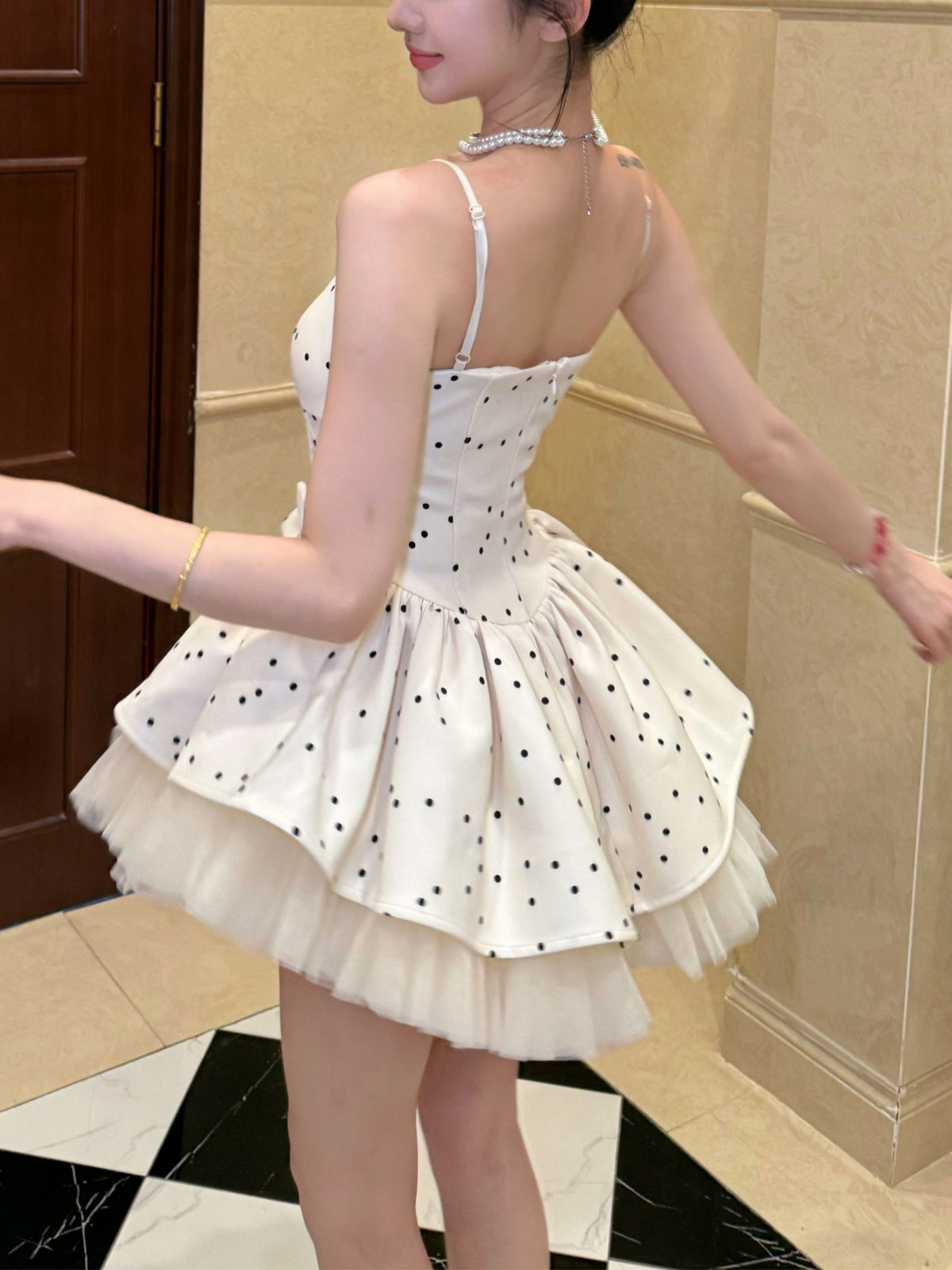 ドット柄 リボン ボリュームフレア キャミワンピース