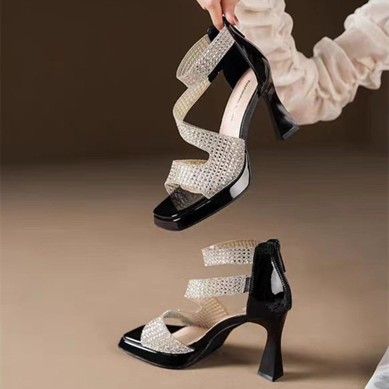 厚底 オープントゥ チャンキーヒール ラインストーン付き ハイヒールパンプス