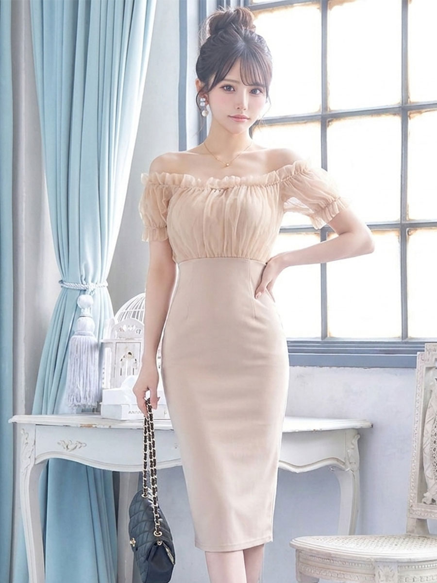 夏新作オフショルワンネックシフォン切替ヒップミディワンピ-ピンクベージュ-XL