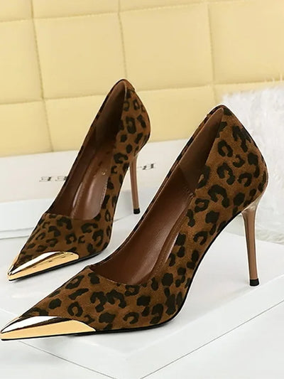 ヒョウ柄ハイヒールスエード浅い口メタルポインテッドトゥスーパーハイヒールシューズ-レオパード-26.5