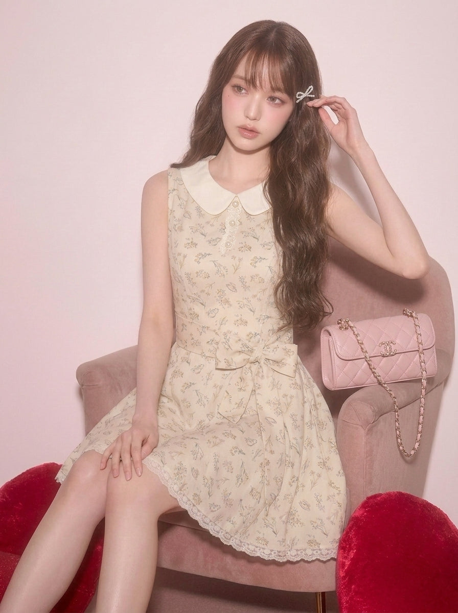 リボン付き ノースリーブ 花柄プリント Aライン ミニワンピース