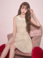 リボン付き ノースリーブ 花柄プリント Aライン ミニワンピース