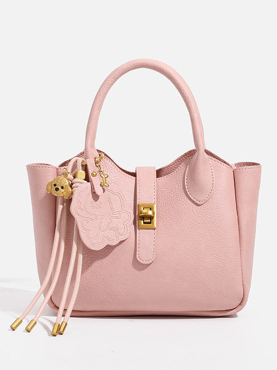 女性用ライチ柄バケットハンドバッグシングルショルダークロスボディバッグ-ピンク-フリー